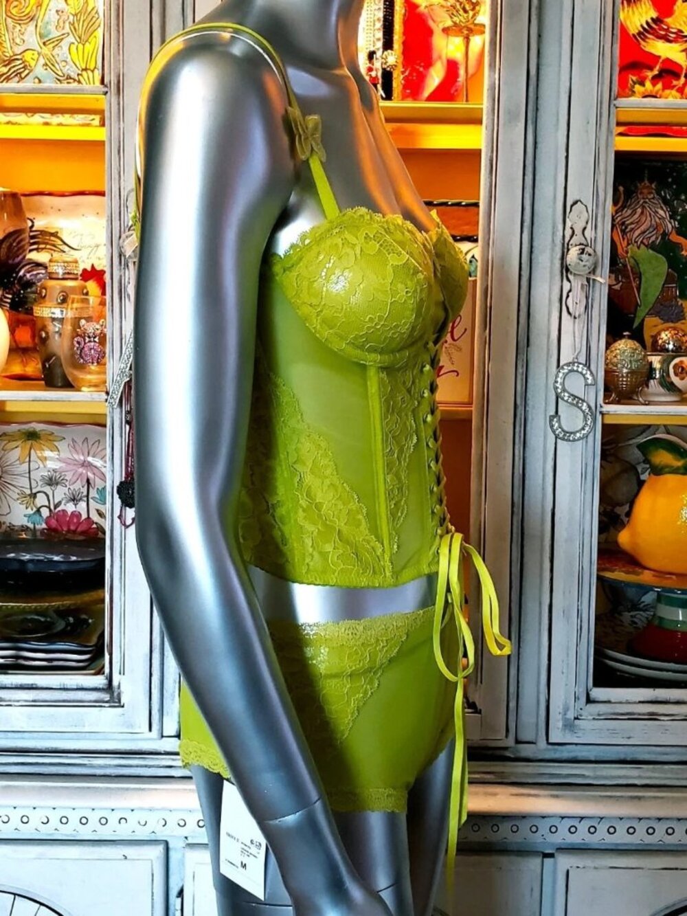 Betsey Johnson Corset Top Bustier Panties Lingerie Green Lace Mesh Butterfly XL - Picture 6 of 16
